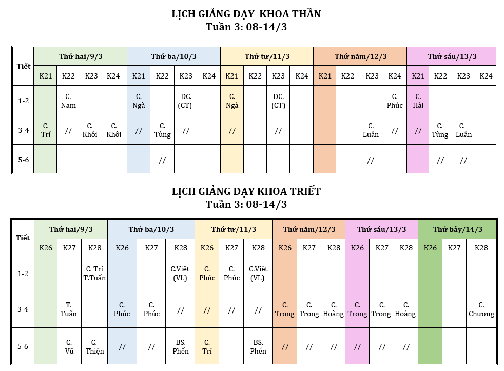   LỊCH GIẢNG DẠY - TUẦN 3 (8-14/3/2026)