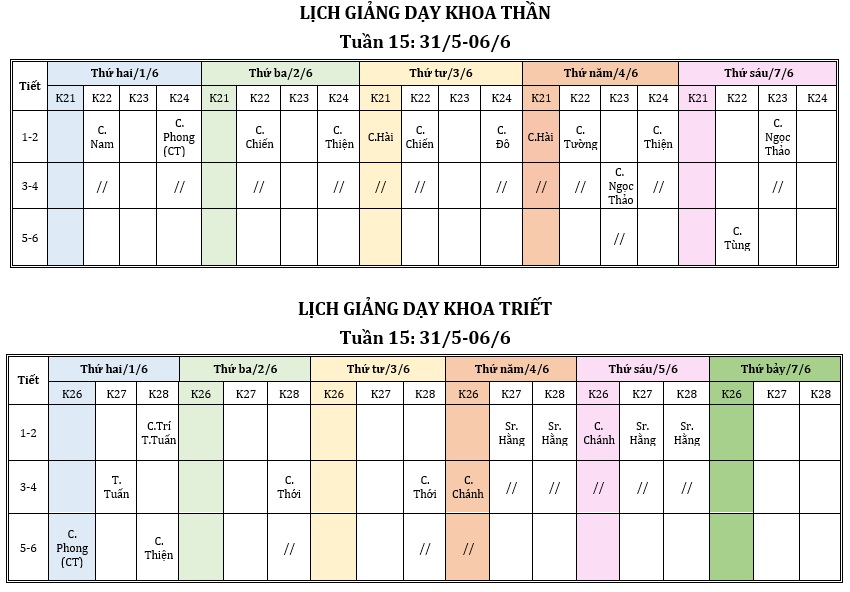   LỊCH GIẢNG DẠY - TUẦN 15 (31/05 - 06/06/2026)